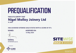 Nigel Molloy Joinery is Sitewise Sitesafe approved for health and safety 2025/2026